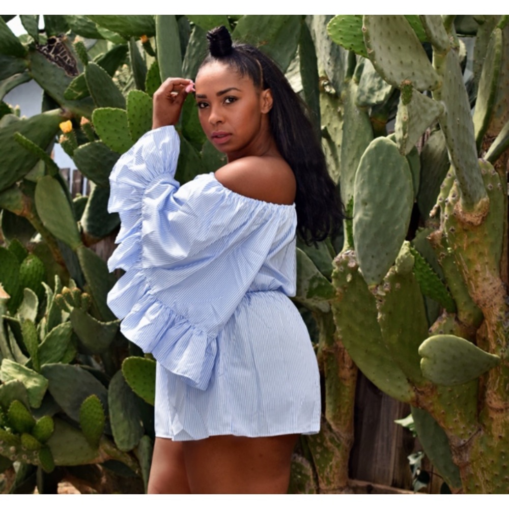 Blue & White Stripped Bell Sleeved Romper